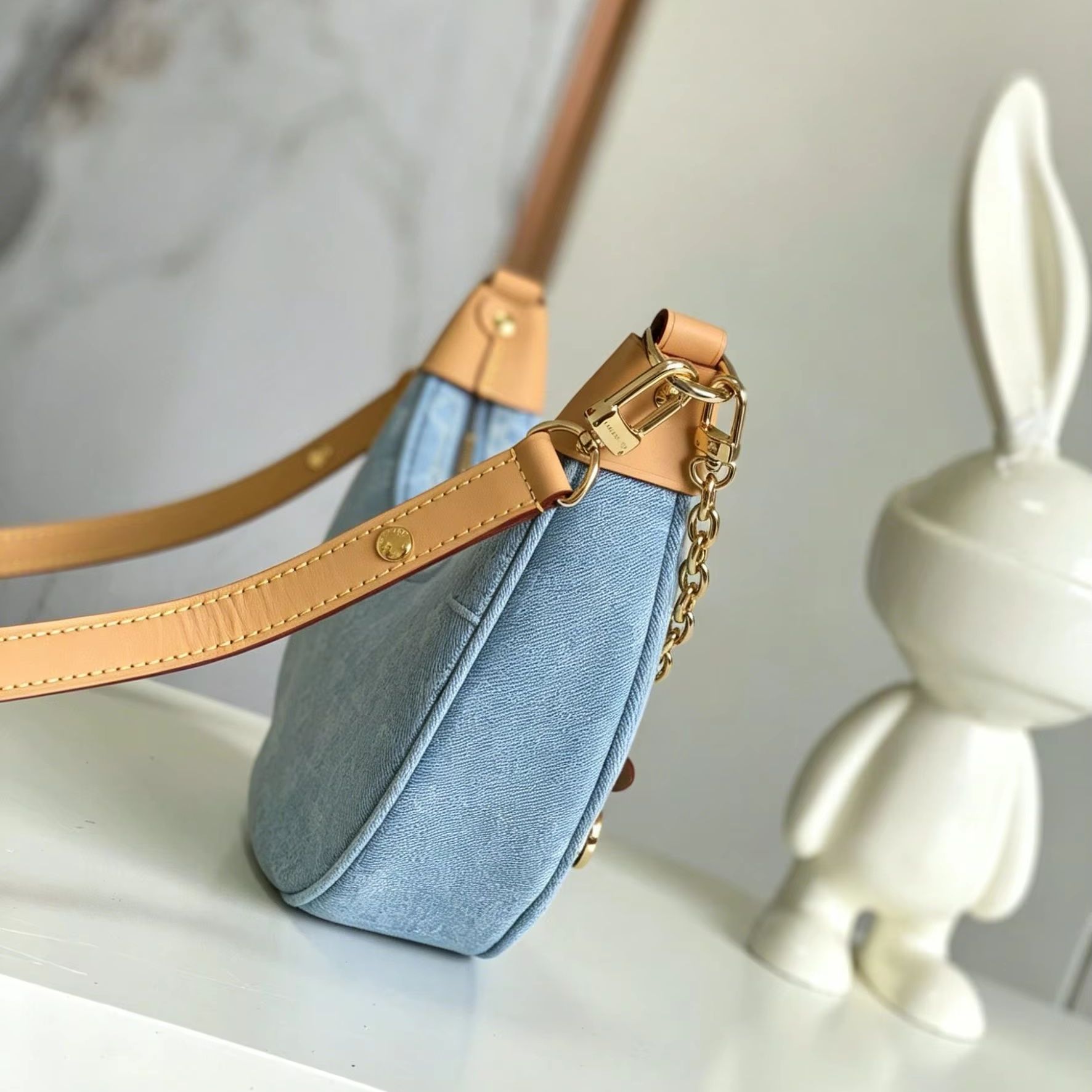 Luxury Bags Denim - Light Blue Jacquard Denim Crescent Hobo